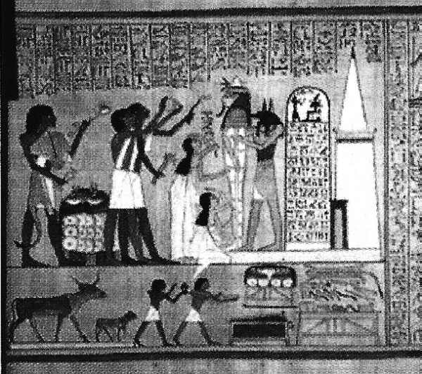 '사자의 서'에 나오는 그림. 고대 이집트인들은 종교적인 의식의 일환으로 죽은 사람의 신체를 방부처리를 통하여 미라(mirra) 작업을 행하곤 했다. 아누비스가 토트 앞에서 죽은 자의 심장 무게를 저울에 달고 있다.
