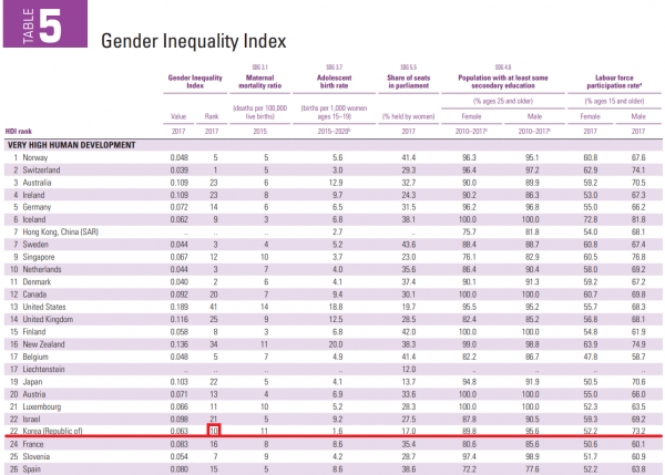 한국이 유인개발계획이 발표한 2018년 성불평등지수(GII)에서 지난해에 이어 10위를 차지했다. 사진=UNDP 홈페이지 갈무리.