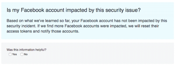 페이스북의 해킹 피해 확인 페이지(www.facebook.com/help/securitynotice?ref=sec). 위 화면이 나타날 경우 해킹 피해를 입지 않았다는 뜻. 사진=페이스북 홈페이지 갈무리