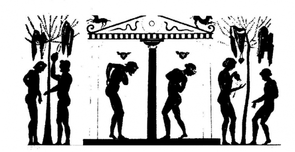고대 그리스 화병에 그려진 장식화. 건강을 중시한 그리스인들이 목욕을 하고 약을 몸에 바르고 있는 장면을 묘사했다. 히포크라테스도 그의 저서에 위생의 중요성을 기술해 놓기도 했다.