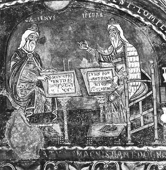 산타마리아 대성당의 프레스코 벽화. 고대 서양 의학을 대표하는 갈레노스와 히포크라테스가 의학에 관하여 토론 중이다. 13세기에 그려진 그림이다.