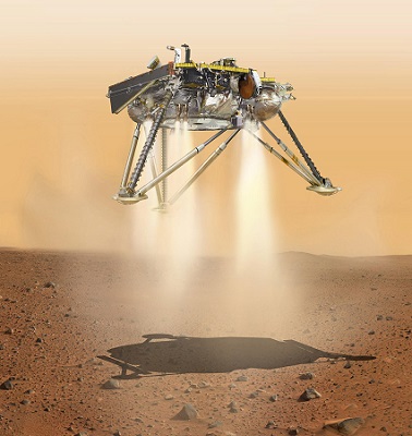 화성 탐사선 인사이트호가 화성 표면에 착륙하는 상상도로 지난달 31일(현지시간) 미국 항공우주국(NASA)이 제공한 사진.연합뉴스