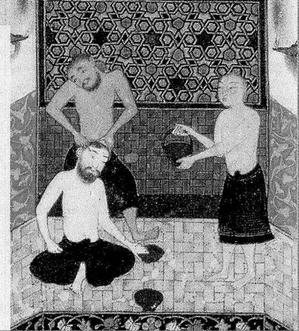 하룬 알 라시드의 사치스럽게 목욕하는 장면. 아라비안 나이트의 '천일야화'에 나오는 위대한 지배자인 하룬 알 라시드는 아바스 왕조의 제5대 칼리프이다. 그는 학술을 보호하고 장려하여 이슬람문화를 꽃 피운 인물이다.