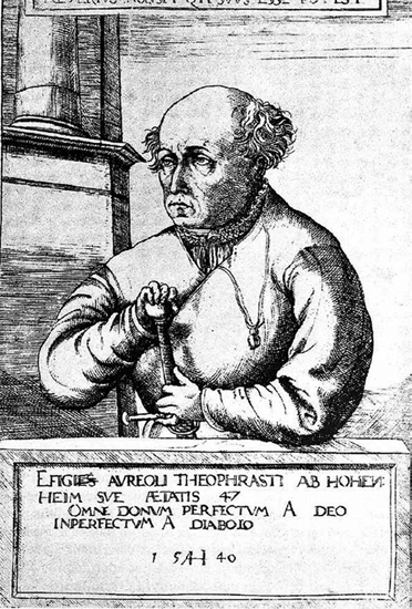 파라셀수스 초상화. 스위스의 의사, 연금술사로서 르네상스시대 의학의 혁명을 일으킨 인물이다. 그는 갈레노스로부터 발전한 교조주의와 권위주의를 경시하고 천연 물질을 이용한 치료를 중시해 화학, 약학을 임상의학의 영역으로 끌어들였다.