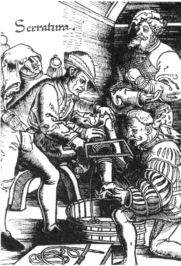 게르스도르프의 《외용 약제에 관한 야전서》에 수록된 삽화. 보병부대의 군사의학에 대한 기반을 다진 작품이다. 최초로 마취를 하지 않은 상태에서 사지 절단 수술을 하고 있다.