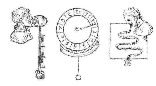 산토리오가 발명한 체온계와 맥박시계. 이탈리아의 산토리오는 갈릴레이의 발명품에 착안해 세계 최초로 체온계를 발명하였다. 1720년 독일의 파렌하이트의 의해 화씨 온도계가 발명되었고, 1742년 스웨덴의 셀시우스에 의해 섭씨 온도계가 만들어졌다.