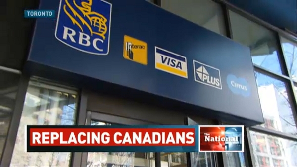 캐나다 최대 은행인 캐나다왕립은행(RBC)는 2013년 내국인 정규직원 45명을 해고하고 이를 외국인 노동자로 대체해 여론의 반발을 샀다. 사진=CBS방송화면