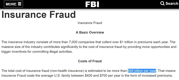 미 연방수사국(FBI)연 연간 보험사기 규모를 약 400억 달러 이상으로 추정하고 있다. 사진=미 연방수사국 홈페이지