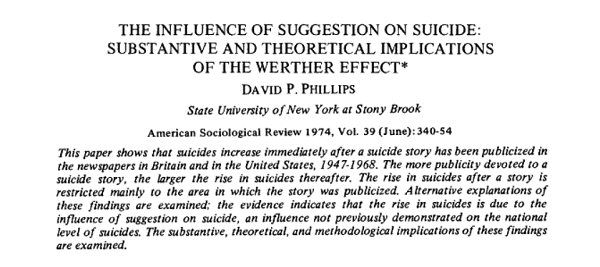 미국의 사회학자 데이비드 필립스는 1974년 유명인의 자살 소식이 알려진 뒤 자살건수가 증가했다는 연구결과를 발표했다. 사진은 필립스의 논문 일부. 사진=JSTOR.ORG