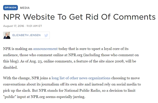 미국 공영라디오 NPR은 지난 2016년 웹사이트의 댓글 기능을 삭제하기로 결정했다. 자료=NPR 홈페이지 캡처