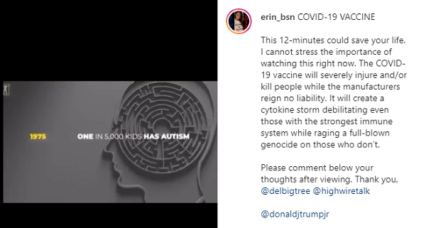 코로나19 백신을 접종하면 사이토카인 폭풍으로 사망에 이를 수 있다는 내용의 가짜뉴스가 인스타그램에서 확산됐다. 사진=인스타그램