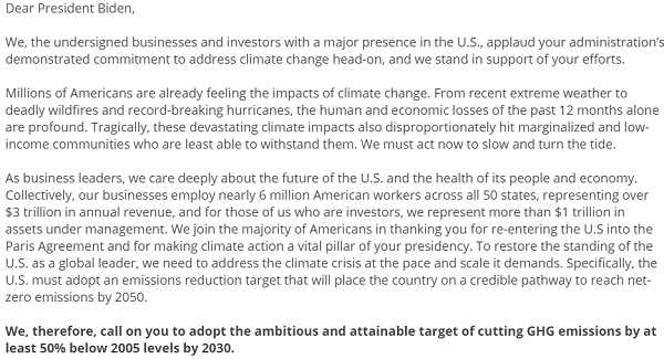 미국 300여개 기업의 최고경영자(CEO)들이 지난 13일(현지시간) 조 바이든 미국 대통령에게 온실가스 배출량 감축 목표를 상향하라는 내용의 서한을 전달했다. 사진=위민비지니스(We Mean Business Coalition) 연합 홈페이지 갈무리