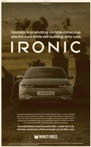 23일(현지시간) 파이낸셜타임스에 현대차와 현대건설을 비판하는 전면광고가 게재됐다. 사진=기후솔루션