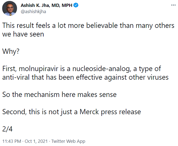 미국 브라운대학교 공중보건대학의 아시시 자 학장은 트위터를 통해 머크의 코로나19 치료제 '몰누피라비르'에 높은 기대감을 보였다. 사진=트위터 갈무리